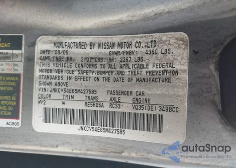 2005 Infiniti G35 z USA, uszkodzony, nr VIN JNKCV54E65M427585